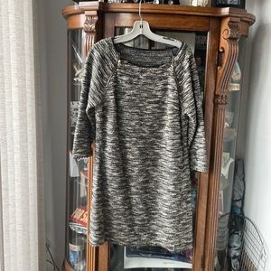 Dress winter to spring. Black leather piping. Bought at Anne Taylor as holiday